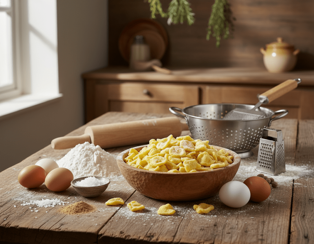 A beautifully arranged display of Spätzle ingredients, showcasing a wooden bowl filled with freshly made egg noodles in the foreground. An array of fundamental ingredients surrounds the bowl: flour, eggs, salt, and a hint of nutmeg scattered artistically on a rustic wooden kitchen table. In the middle, a rolling pin and a classic colander hint at the process of making Spätzle. Soft, natural lighting streams in from a nearby window, casting gentle shadows that create a warm, inviting atmosphere. In the background, a faint hint of a cozy kitchen setting is visible, with blurred wooden cabinets and herbs hanging, evoking a sense of home cooking. The overall mood is warm and inviting, ideal for a culinary article on making perfect Spätzli.