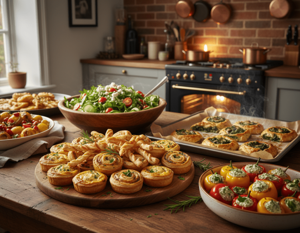 A beautifully arranged display of baked party recipes, featuring a variety of delectable finger foods such as mini quiches, savory pastries, and stuffed peppers. In the foreground, showcase a wooden platter overflowing with golden-brown treats, garnished with fresh herbs. The middle ground should feature a vibrant salad, skillfully placed beside a baking tray with remnants of fresh-from-the-oven dishes, steaming and inviting. The background should include a cozy kitchen ambiance, with a warm oven glow illuminating the space. Use soft, natural lighting to create an inviting atmosphere, with a camera angle capturing the spread at a slight top-down perspective, emphasizing the textures and colors of the food. The mood should be festive and welcoming, perfect for a gathering with friends or family.