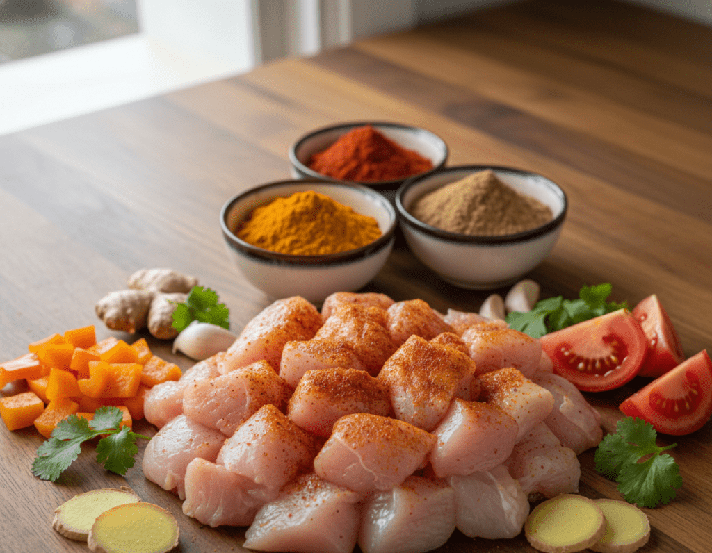 A beautifully arranged display of essential ingredients for chicken curry, showcasing vibrant and fresh produce. In the foreground, a pile of plump, diced chicken breast glistens with a sprinkle of spices. Surrounding it, colorful vegetables like bright orange bell peppers, green cilantro, and deep red tomatoes create a lively contrast. Slices of ginger and cloves of garlic add rustic charm. In the middle ground, bowls filled with fragrant spices such as turmeric, cumin, and chili powder are artistically placed. The background features a soft-focus kitchen countertop with subtle wooden texture and a touch of natural light streaming in, creating a warm and inviting atmosphere. This scene encapsulates the essence of cooking, evoking a sense of warmth and enthusiasm for preparing a delicious homemade chicken curry.