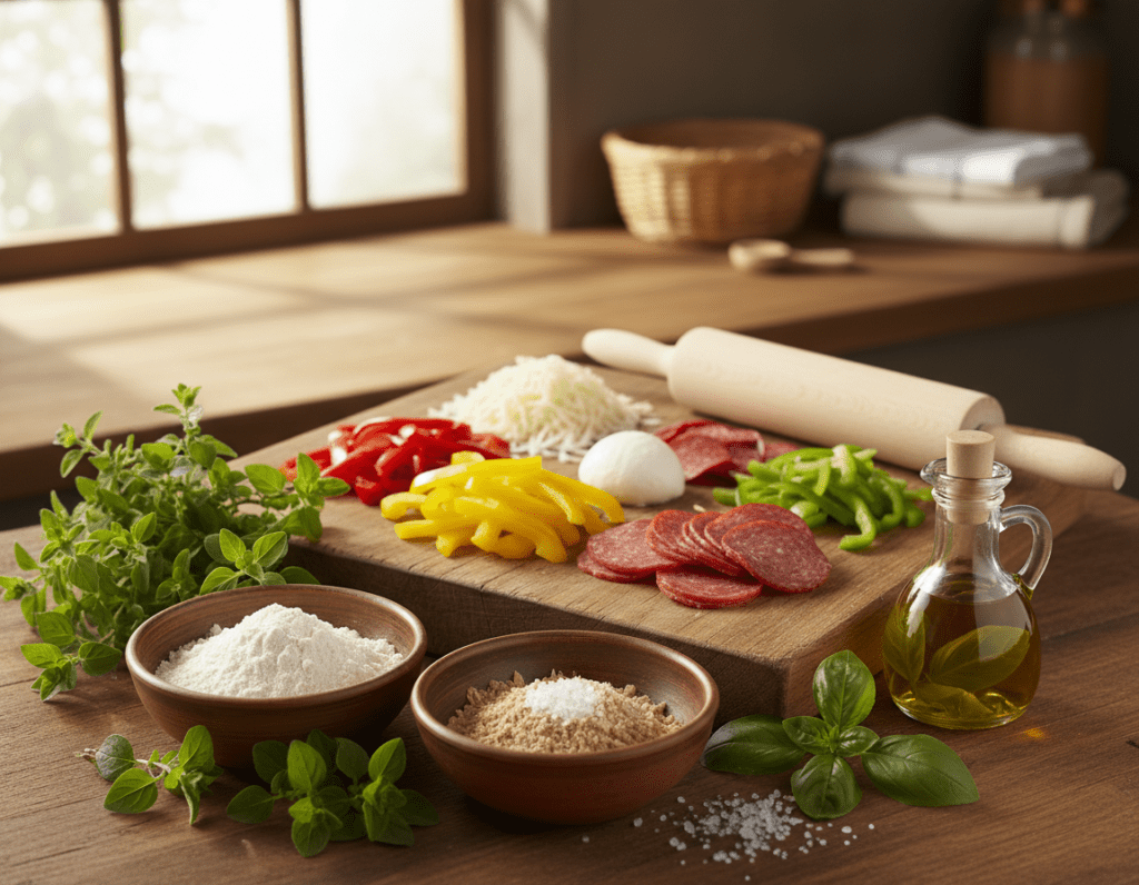 A beautifully arranged display of essential ingredients for making "Pizzastangen" (pizza sticks). In the foreground, there are bowls of flour, yeast, and salt, surrounded by fresh herbs such as oregano and basil, all in vibrant colors. In the middle, a wooden board features sliced cheese, pepperoni, and colorful bell peppers cut into strips. A rolling pin and a small dish of olive oil rest beside them, enhancing the sense of preparation. The background features a warm kitchen setting with soft, natural lighting streaming through a window, creating a cozy atmosphere. The angle of the shot is slightly overhead, providing a clear view of all the ingredients. The overall mood is inviting and appetizing, perfect for showcasing the key components of a delicious recipe.