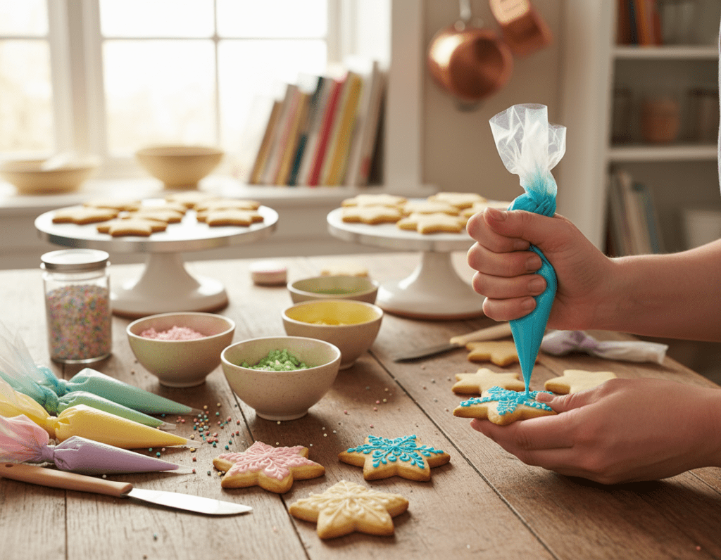 A beautifully arranged display of freshly baked cookies decorated with intricate royal icing designs. In the foreground, a pair of skilled hands delicately pipes vibrant icing onto a star-shaped cookie, showcasing detailed floral patterns. Surrounding the cookies are various color palettes of icing in small bowls and an assortment of piping bags. In the middle ground, a wooden kitchen table is adorned with sprinkles, edible glitter, and tools like spatulas and a turntable. The background features a softly blurred kitchen with warm, natural light streaming in through a window, illuminating the scene and creating a cozy atmosphere. The overall mood is inviting and creative, embodying the joy of baking and decorating.