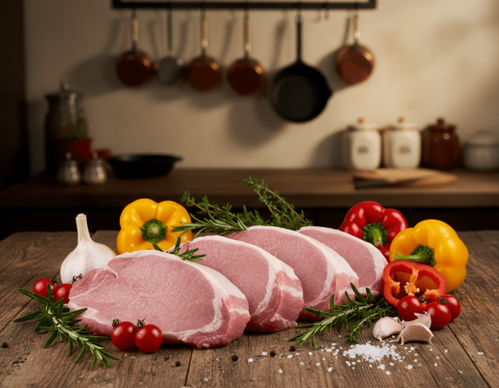 A beautifully arranged display of high-quality pork tenderloin (Schweinefilet) on a rustic wooden table. In the foreground, a selection of fresh, marbled cuts of pork is accentuated with glistening fat, showcasing their tenderness. Surrounding the pork are fresh herbs like rosemary and thyme, as well as vibrant vegetables such as garlic and bell peppers, enhancing the visual appeal. In the background, a softly blurred kitchen environment with warm, ambient lighting creates a cozy atmosphere, complete with hanging pots and pans. The scene is shot from a slightly elevated angle to capture the details of the meat and the context of the cooking space. The mood conveys a sense of culinary artistry and the joy of selecting quality ingredients.