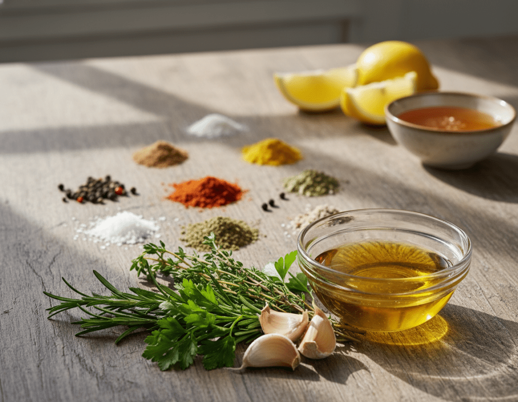 A beautifully arranged display of ingredients for a chicken thigh marinade. In the foreground, focus on vibrant, fresh herbs like rosemary, thyme, and parsley, alongside whole garlic cloves and a bowl of olive oil. The middle ground features an assortment of spices, including paprika, black pepper, and salt, artfully scattered on a rustic wooden table. In the background, a hint of sliced lemons and a small bowl of honey adds a touch of brightness. Soft, natural lighting illuminates the scene, creating a warm and inviting atmosphere. The lens captures the details with a shallow depth of field, blurring the background slightly to keep the focus on the ingredients. The overall mood is fresh, rustic, and appetizing, perfect for a culinary context.