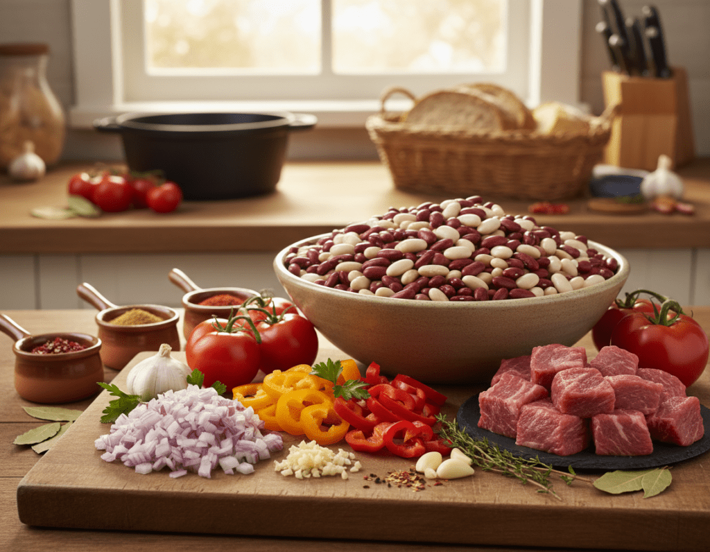 A beautifully arranged display of ingredients for a hearty bean stew, showcasing vibrant colorful vegetables. In the foreground, a wooden cutting board holds chopped onions, garlic, and bell peppers, glistening with fresh herbs like parsley and thyme. A bowl filled with rich, plump beans is prominently featured next to a selection of raw beef cubes, marbled and fresh. In the middle ground, smaller bowls hold spices like cumin and paprika, surrounded by ripe tomatoes and a sprig of bay leaves. The background features a softly blurred kitchen setting with natural light streaming in from a window, creating a warm and inviting atmosphere. The overall composition evokes a sense of home cooking and culinary warmth, perfect for illustrating the essence of selecting the right ingredients for a delicious bean stew. A beautifully arranged display of ingredients for a hearty bean stew, showcasing vibrant colorful vegetables. In the foreground, a wooden cutting board holds chopped onions, garlic, and bell peppers, glistening with fresh herbs like parsley and thyme. A bowl filled with rich, plump beans is prominently featured next to a selection of raw beef cubes, marbled and fresh. In the middle ground, smaller bowls hold spices like cumin and paprika, surrounded by ripe tomatoes and a sprig of bay leaves. The background features a softly blurred kitchen setting with natural light streaming in from a window, creating a warm and inviting atmosphere. The overall composition evokes a sense of home cooking and culinary warmth, perfect for illustrating the essence of selecting the right ingredients for a delicious bean stew.