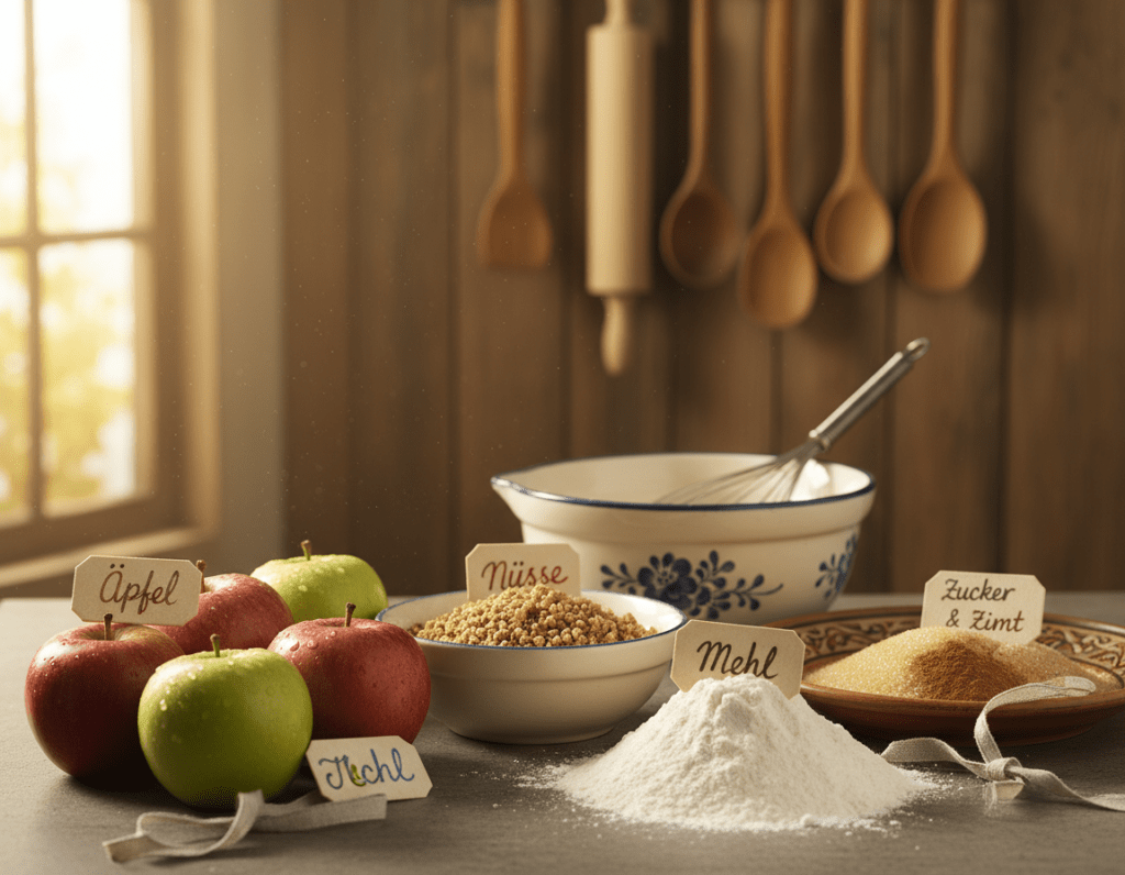 A beautifully arranged display of ingredients for a traditional German Apfelnusskuchen. In the foreground, showcase fresh, crisp apples, a bowl of ground nuts, and a mound of flour, each ingredient labeled and colorfully presented. In the middle, include a charming ceramic mixing bowl, a whisk, and a rustic plate filled with brown sugar and cinnamon. The background should feature warm, wooden kitchen utensils and a softly lit kitchen setting to evoke a cozy baking atmosphere. The lighting is warm and inviting, with a hint of golden sunlight filtering through a window, creating an uplifting and homey mood. The entire composition should feel natural, harmonious, and enticing, perfect for inspiring home bakers. A beautifully arranged display of ingredients for a traditional German Apfelnusskuchen. In the foreground, showcase fresh, crisp apples, a bowl of ground nuts, and a mound of flour, each ingredient labeled and colorfully presented. In the middle, include a charming ceramic mixing bowl, a whisk, and a rustic plate filled with brown sugar and cinnamon. The background should feature warm, wooden kitchen utensils and a softly lit kitchen setting to evoke a cozy baking atmosphere. The lighting is warm and inviting, with a hint of golden sunlight filtering through a window, creating an uplifting and homey mood. The entire composition should feel natural, harmonious, and enticing, perfect for inspiring home bakers.