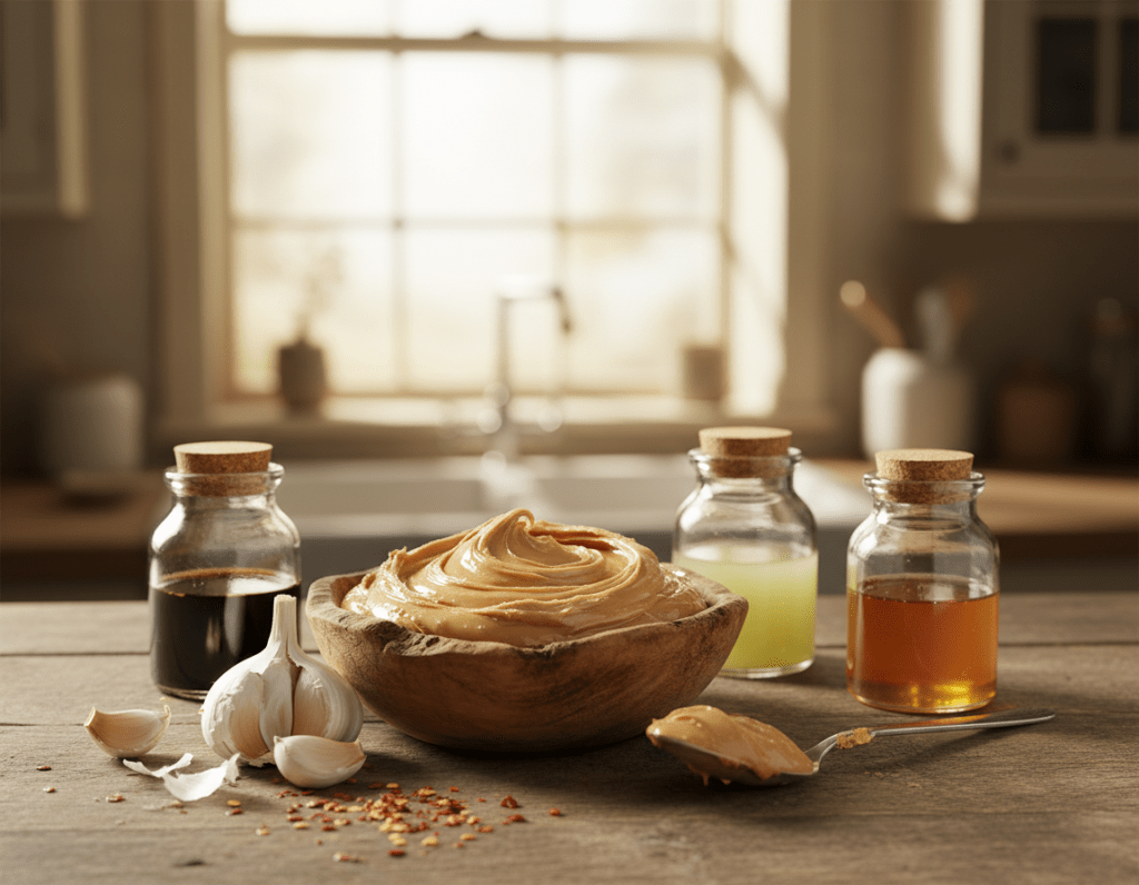 A beautifully arranged display of ingredients for homemade peanut sauce, featuring a wooden bowl filled with creamy peanut butter at the center, surrounded by small glass jars of soy sauce, lime juice, and honey. Fresh garlic cloves and a sprinkle of crushed red pepper flakes lie nearby. The background is softly blurred with hints of a rustic kitchen, warm natural light filtering from a window, creating a cozy atmosphere. The scene is captured from a slightly elevated angle, emphasizing the textures and colors of the ingredients. The mood is inviting and culinary, inspiring viewers to create their own peanut sauce.