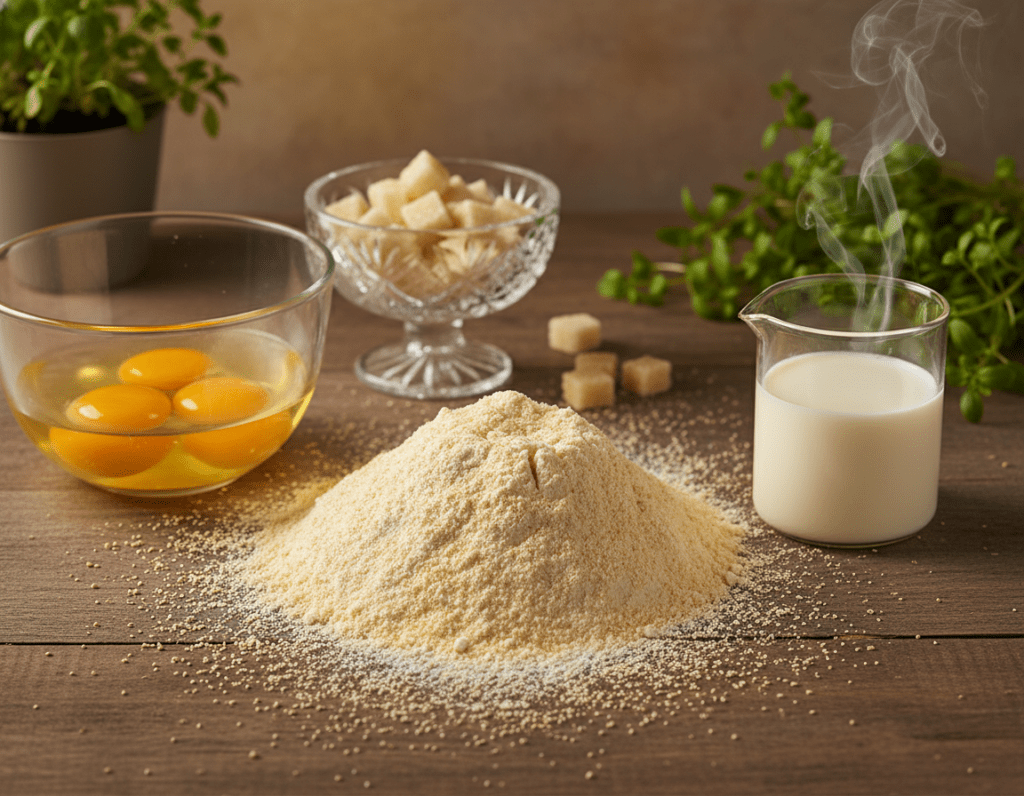 A beautifully arranged display of ingredients for making Hefezopf, showcasing key components: a mound of golden, finely milled flour with a sprinkle of texture, a bowl of glistening, freshly cracked eggs, a small glass of warm milk with steam gently rising, an elegant crystal dish of sugar crystals glimmering in the light, and a generous sprinkle of yeast. In the foreground, a rustic wooden table with natural grain patterns emphasizes warmth. The middle ground features the ingredients laid out artistically, with soft-focus greenery in the background suggesting a cozy kitchen vibe. Warm, ambient lighting creates an inviting atmosphere, reminiscent of a home baking session, making it perfect for beginner bakers. The angle is slightly overhead, capturing the entire arrangement harmoniously.