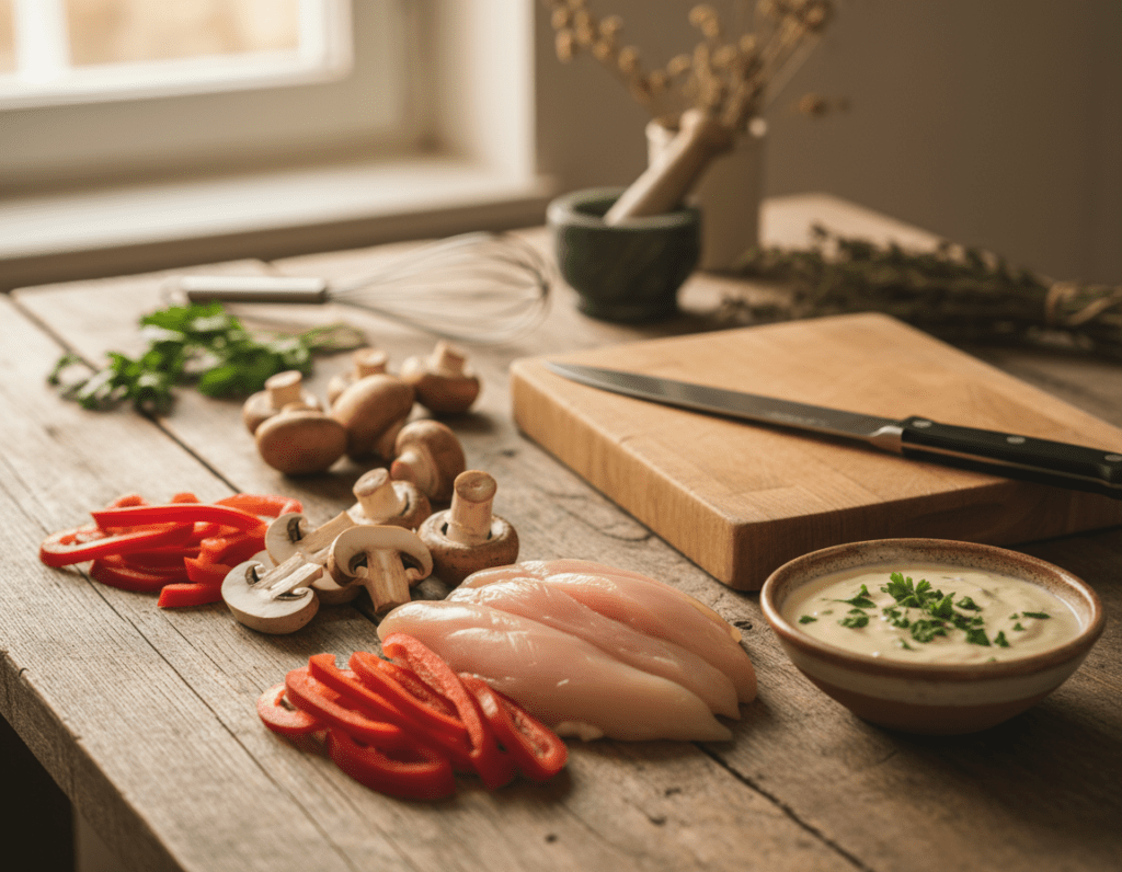 A beautifully arranged display of key ingredients for "Paprika-Rahm Geschnetzeltes" on a rustic wooden kitchen table. In the foreground, vibrant red bell peppers, finely sliced mushrooms, and tender strips of chicken breast lie artfully scattered. Beside them, a small bowl of creamy sauce, garnished with fresh parsley, adds richness. In the middle, a chopping board with a sharp knife glistens under soft, warm lighting that highlights the textures and colors. In the background, blurred out kitchen utensils and herbs create a cozy cooking atmosphere. The image conveys a warm, inviting mood, perfect for a culinary article, with a slight depth of field to focus on the ingredients. Capture this scene with a shallow depth of field, enhancing the visual appeal of the fresh, vibrant ingredients.