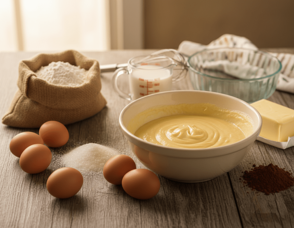 A beautifully arranged display of key ingredients for a delicious marble Gugelhupf, featuring a wooden table as the foreground. In the center, there is a mixing bowl filled with vibrant yellow cake batter, surrounded by flour in a rustic sack, a pile of granulated sugar, and shiny eggs with speckles. In the middle ground, a measuring cup with milk and a stick of butter sits next to cocoa powder, creating a pleasing contrast. The background is softly blurred, with warm kitchen elements such as a vintage whisk and a baking dish, suggesting a cozy home baking atmosphere. The scene is lit with natural warm sunlight, evoking a sense of inviting happiness, ideal for a delicious baking moment.