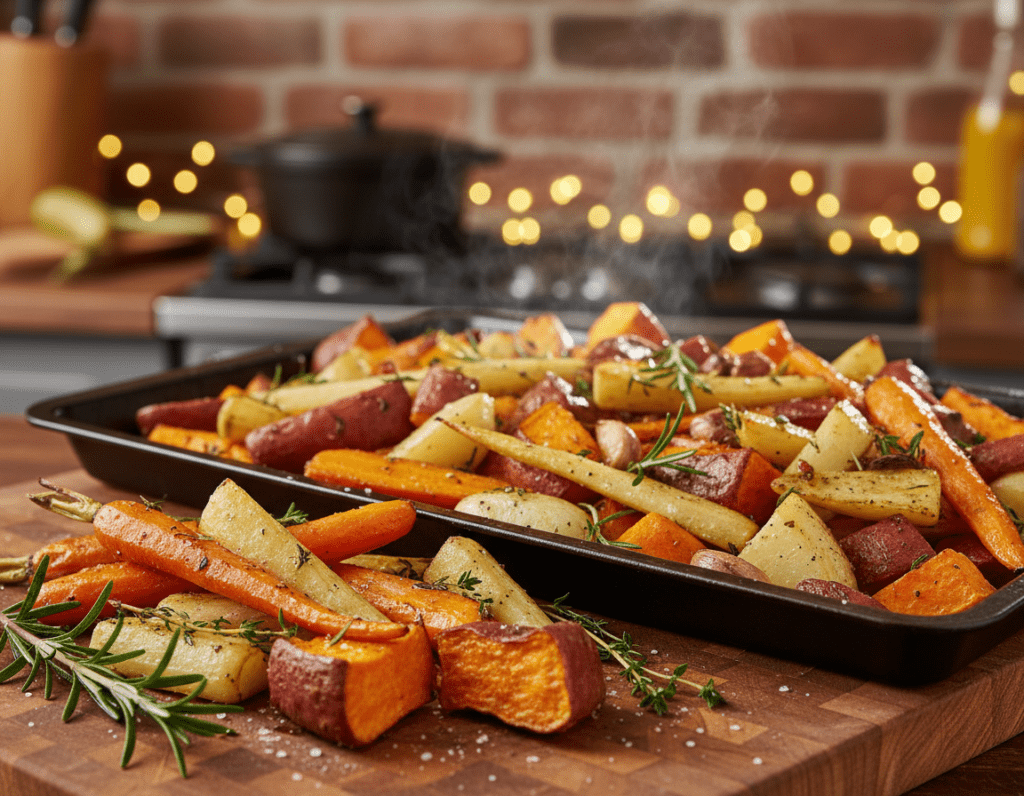 A beautifully arranged display of roasted root vegetables, including vibrant carrots, parsnips, and sweet potatoes, gently caramelized and glistening with olive oil. In the foreground, a wooden cutting board holds a mix of these vegetables, cut into inviting shapes, showcasing their natural textures. In the middle, a baking tray filled with the colorful, seasoned vegetables is surrounded by fresh herbs like rosemary and thyme, enhancing the earthy tones. The background features a soft-focus kitchen scene with warm, ambient lighting that creates a cozy atmosphere, evoking a home-cooked meal. The angle captures the depth of field, emphasizing the fresh ingredients while the light highlights their rich colors and provides a warm, inviting glow. A beautifully arranged display of roasted root vegetables, including vibrant carrots, parsnips, and sweet potatoes, gently caramelized and glistening with olive oil. In the foreground, a wooden cutting board holds a mix of these vegetables, cut into inviting shapes, showcasing their natural textures. In the middle, a baking tray filled with the colorful, seasoned vegetables is surrounded by fresh herbs like rosemary and thyme, enhancing the earthy tones. The background features a soft-focus kitchen scene with warm, ambient lighting that creates a cozy atmosphere, evoking a home-cooked meal. The angle captures the depth of field, emphasizing the fresh ingredients while the light highlights their rich colors and provides a warm, inviting glow.
