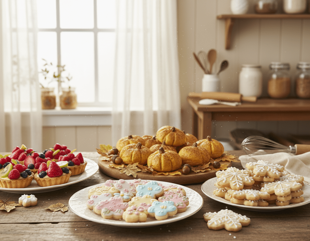 A beautifully arranged display of seasonal pastries representing the four seasons: spring, summer, autumn, and winter. In the foreground, showcase a delicate plate of floral-inspired cookies decorated with pastel icing for spring, alongside vibrant fruit tarts symbolizing summer with bright berries. In the middle ground, display rich spiced pumpkin pastries for autumn, surrounded by golden leaves, and classic snowflake sugar cookies adorned with white icing for winter. The background features a rustic wooden table set in a warm, inviting kitchen with soft natural light filtering through a window, creating a cozy and cheerful atmosphere. The scene is warm and inviting, evoking a sense of nostalgia, perfect for a baking article.