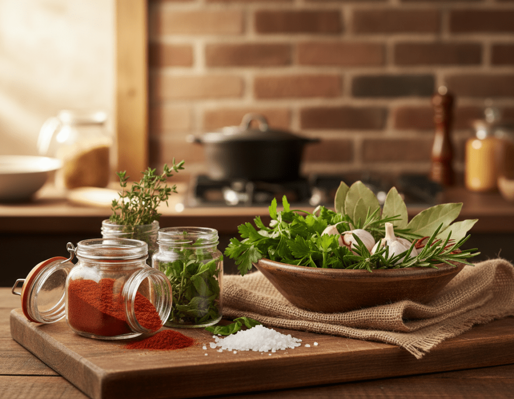 A beautifully arranged display of spices and herbs for a comforting oven soup, featuring vibrant red paprika, aromatic dried thyme, green basil leaves, and coarse sea salt. The foreground shows a wooden cutting board with small glass jars filled with spices, some spilling slightly. In the middle, a rustic bowl filled with a colorful mix of fresh herbs and spices is surrounded by garlic cloves and a burlap cloth. The background features a softly blurred kitchen setting with warm, inviting lighting, casting gentle shadows. The mood is cozy and homely, evoking a sense of warmth and comfort, perfect for a homemade soup experience. A warm color palette adds to the inviting atmosphere, emphasizing the natural beauty of the ingredients. A beautifully arranged display of spices and herbs for a comforting oven soup, featuring vibrant red paprika, aromatic dried thyme, green basil leaves, and coarse sea salt. The foreground shows a wooden cutting board with small glass jars filled with spices, some spilling slightly. In the middle, a rustic bowl filled with a colorful mix of fresh herbs and spices is surrounded by garlic cloves and a burlap cloth. The background features a softly blurred kitchen setting with warm, inviting lighting, casting gentle shadows. The mood is cozy and homely, evoking a sense of warmth and comfort, perfect for a homemade soup experience. A warm color palette adds to the inviting atmosphere, emphasizing the natural beauty of the ingredients.