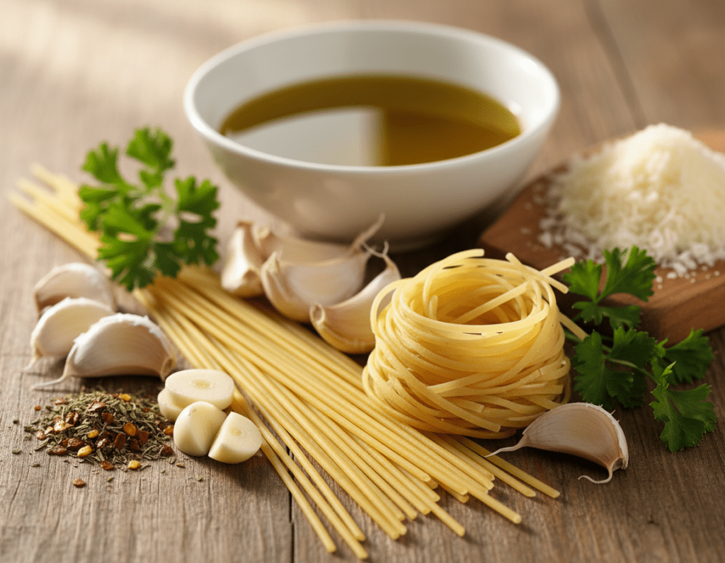 A beautifully arranged display of the essential ingredients for authentic Spaghetti Aglio e Olio. In the foreground, showcase fresh spaghetti noodles elegantly coiled, surrounded by vibrant cloves of garlic, glistening in sunlight. Place sprigs of fresh parsley and a handful of red chili flakes nearby, emphasizing the rich colors. In the middle, include a glossy bowl of high-quality extra virgin olive oil, reflecting the light, and a small heap of grated Parmesan cheese. The background should feature a rustic wooden table, softly lit with warm light that creates a cozy atmosphere. Lens close-up to enhance texture details while keeping a shallow depth of field to subtly blur the background, emphasizing the delightful ingredients that capture the essence of this classic Italian dish.