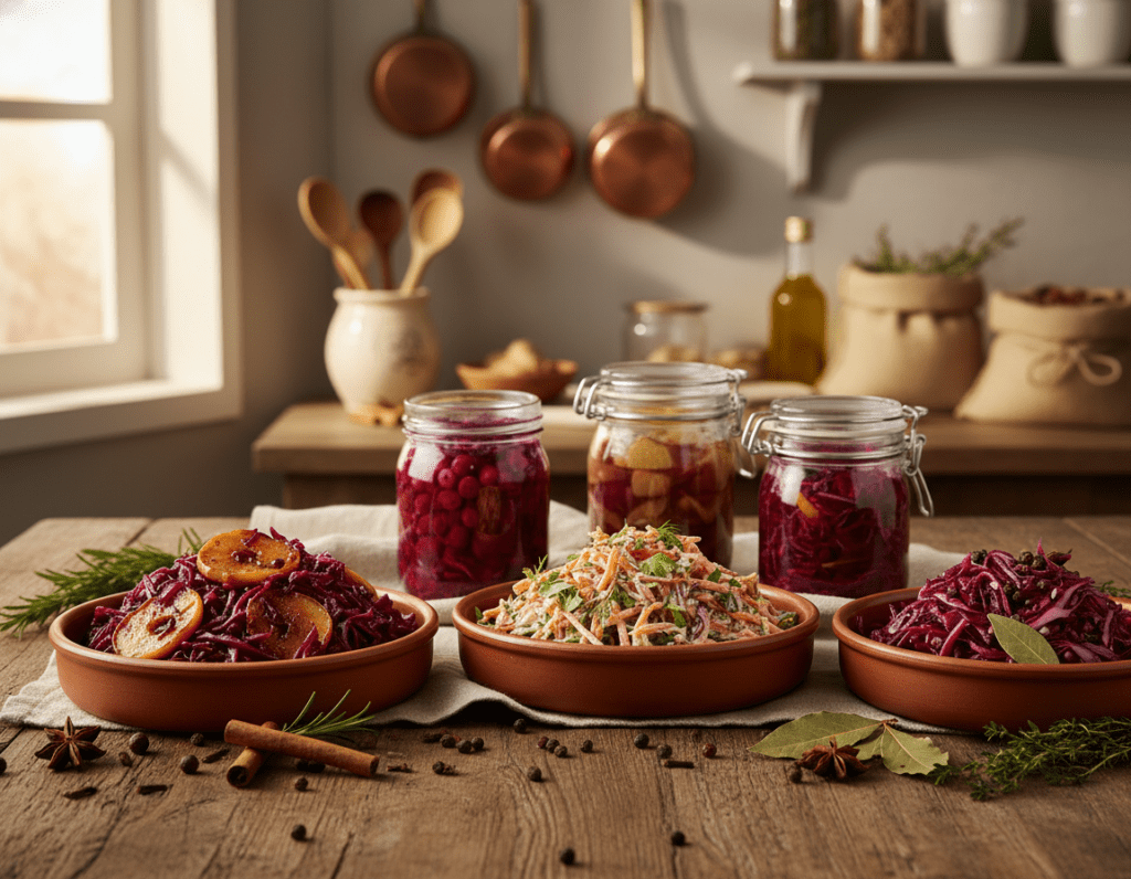 A beautifully arranged display of various "Rotkohl Variationen," showcasing vibrant red cabbage prepared in different creative ways. In the foreground, feature a rustic wooden table with three distinct dishes: one serving braised red cabbage with apples, another featuring a colorful slaw mixed with carrots and herbs, and a third dish presenting pickled red cabbage garnished with spices. Surround the dishes with scattered whole spices and fresh herbs for an inviting touch. The middle ground should include softly lit glass jars filled with red cabbage preserves, glimmering in natural sunlight. In the background, create a cozy kitchen ambiance with blurred hints of utensils and wooden shelves lined with cooking ingredients. The atmosphere should evoke warmth, creativity, and a sense of home cooking. Use soft, diffused lighting to enhance the inviting feel of the scene. A beautifully arranged display of various "Rotkohl Variationen," showcasing vibrant red cabbage prepared in different creative ways. In the foreground, feature a rustic wooden table with three distinct dishes: one serving braised red cabbage with apples, another featuring a colorful slaw mixed with carrots and herbs, and a third dish presenting pickled red cabbage garnished with spices. Surround the dishes with scattered whole spices and fresh herbs for an inviting touch. The middle ground should include softly lit glass jars filled with red cabbage preserves, glimmering in natural sunlight. In the background, create a cozy kitchen ambiance with blurred hints of utensils and wooden shelves lined with cooking ingredients. The atmosphere should evoke warmth, creativity, and a sense of home cooking. Use soft, diffused lighting to enhance the inviting feel of the scene.