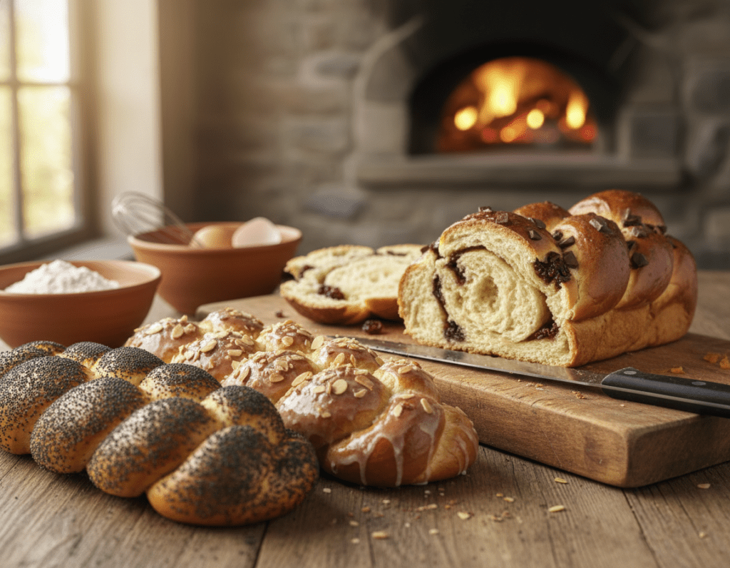 A beautifully arranged display of various creative Hefezopf bread variations, featuring braided loaves in an array of flavors and toppings. The foreground showcases three distinct Hefezopf types: one adorned with poppy seeds, another drizzled with a glossy glaze and sprinkled with nuts, and a third filled with sweet chocolate and fruits. In the middle, a wooden cutting board with a knife reveals a sliced loaf, emphasizing the texture within. The background contains soft-focus kitchen elements, such as a cozy oven and ingredients like flour and eggs, bathed in warm, inviting light. The overall atmosphere is warm and homely, capturing the essence of baking creativity and joy. Shot with a shallow depth of field, highlighting the intricate details of the bread while creating a serene kitchen setting.