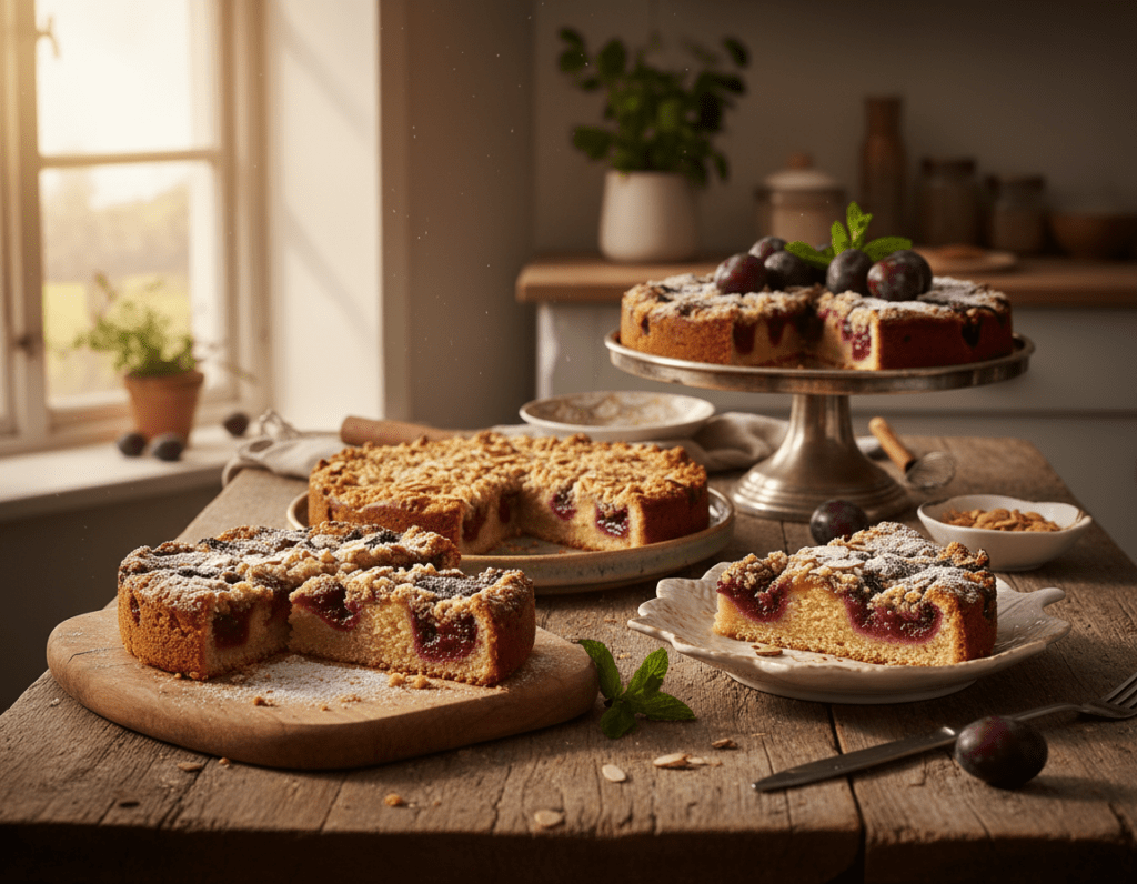 A beautifully arranged display of various creative Zwetschgenkuchen (plum cakes) on a rustic wooden table. In the foreground, showcase a sliced piece of a traditional Zwetschgenkuchen, revealing its soft, moist interior filled with juicy plums. In the middle, include multiple variations like a spiced crumble version with cinnamon and a vegan option with almond flour, each on elegant plates. The background features a cozy kitchen setting, with soft morning light filtering through a window, casting gentle shadows. A vintage cake stand holds a whole cake, garnished with fresh plums and mint leaves, enhancing the inviting atmosphere. The mood is warm and homely, evoking a sense of comfort and creativity in baking. A beautifully arranged display of various creative Zwetschgenkuchen (plum cakes) on a rustic wooden table. In the foreground, showcase a sliced piece of a traditional Zwetschgenkuchen, revealing its soft, moist interior filled with juicy plums. In the middle, include multiple variations like a spiced crumble version with cinnamon and a vegan option with almond flour, each on elegant plates. The background features a cozy kitchen setting, with soft morning light filtering through a window, casting gentle shadows. A vintage cake stand holds a whole cake, garnished with fresh plums and mint leaves, enhancing the inviting atmosphere. The mood is warm and homely, evoking a sense of comfort and creativity in baking.