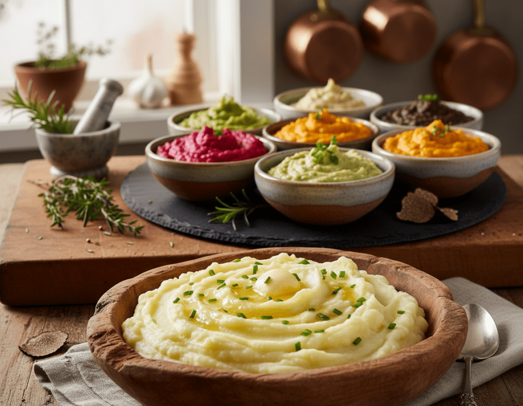 A beautifully arranged display of various creative mashed potato variations, including classic creamy potato purée, vibrant colorful beet-infused mash, and herb-infused garlic potato purée. In the foreground, showcase a rustic wooden bowl filled with creamy potato purée, garnished with fresh chives and butter. The middle layer features small bowls of the different variations, each with unique textures and colors, like a bright orange sweet potato mash and a luxurious truffle potato purée. In the background, softly blurred kitchen elements such as a wooden cutting board, a hint of fresh herbs, and warm, ambient lighting create a cozy, inviting atmosphere. The composition should evoke a homely, culinary creativity mood, emphasizing the variety and artistic possibilities of homemade mashed potatoes. A beautifully arranged display of various creative mashed potato variations, including classic creamy potato purée, vibrant colorful beet-infused mash, and herb-infused garlic potato purée. In the foreground, showcase a rustic wooden bowl filled with creamy potato purée, garnished with fresh chives and butter. The middle layer features small bowls of the different variations, each with unique textures and colors, like a bright orange sweet potato mash and a luxurious truffle potato purée. In the background, softly blurred kitchen elements such as a wooden cutting board, a hint of fresh herbs, and warm, ambient lighting create a cozy, inviting atmosphere. The composition should evoke a homely, culinary creativity mood, emphasizing the variety and artistic possibilities of homemade mashed potatoes.