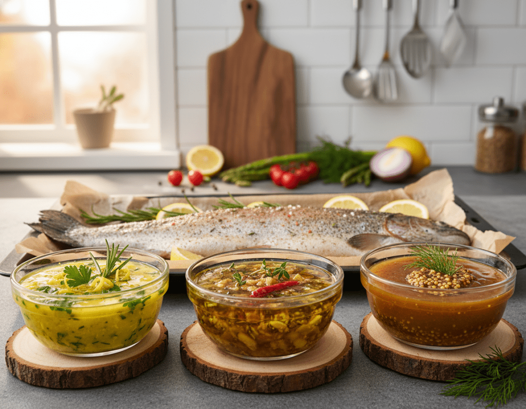 A beautifully arranged display of various marinades for oven-baked trout, featuring colorful ingredients. In the foreground, small glass bowls filled with vibrant marinades: a zesty lemon-herb mix with fresh parsley, a rich garlic and olive oil blend, and a sweet mustard glaze, each garnished with herbs. In the middle ground, a perfectly seasoned trout laid on a bed of aromatic herbs and lemon slices, ready for the oven. The background hints at a cozy kitchen setting with a wooden cutting board, fresh vegetables, and cooking utensils, softly lit by warm, inviting light. The mood is homely and inviting, emphasizing the creativity involved in preparing delicious marinades for trout. The scene is captured with a shallow depth of field, accentuating the flavors of each marinade. A beautifully arranged display of various marinades for oven-baked trout, featuring colorful ingredients. In the foreground, small glass bowls filled with vibrant marinades: a zesty lemon-herb mix with fresh parsley, a rich garlic and olive oil blend, and a sweet mustard glaze, each garnished with herbs. In the middle ground, a perfectly seasoned trout laid on a bed of aromatic herbs and lemon slices, ready for the oven. The background hints at a cozy kitchen setting with a wooden cutting board, fresh vegetables, and cooking utensils, softly lit by warm, inviting light. The mood is homely and inviting, emphasizing the creativity involved in preparing delicious marinades for trout. The scene is captured with a shallow depth of field, accentuating the flavors of each marinade.