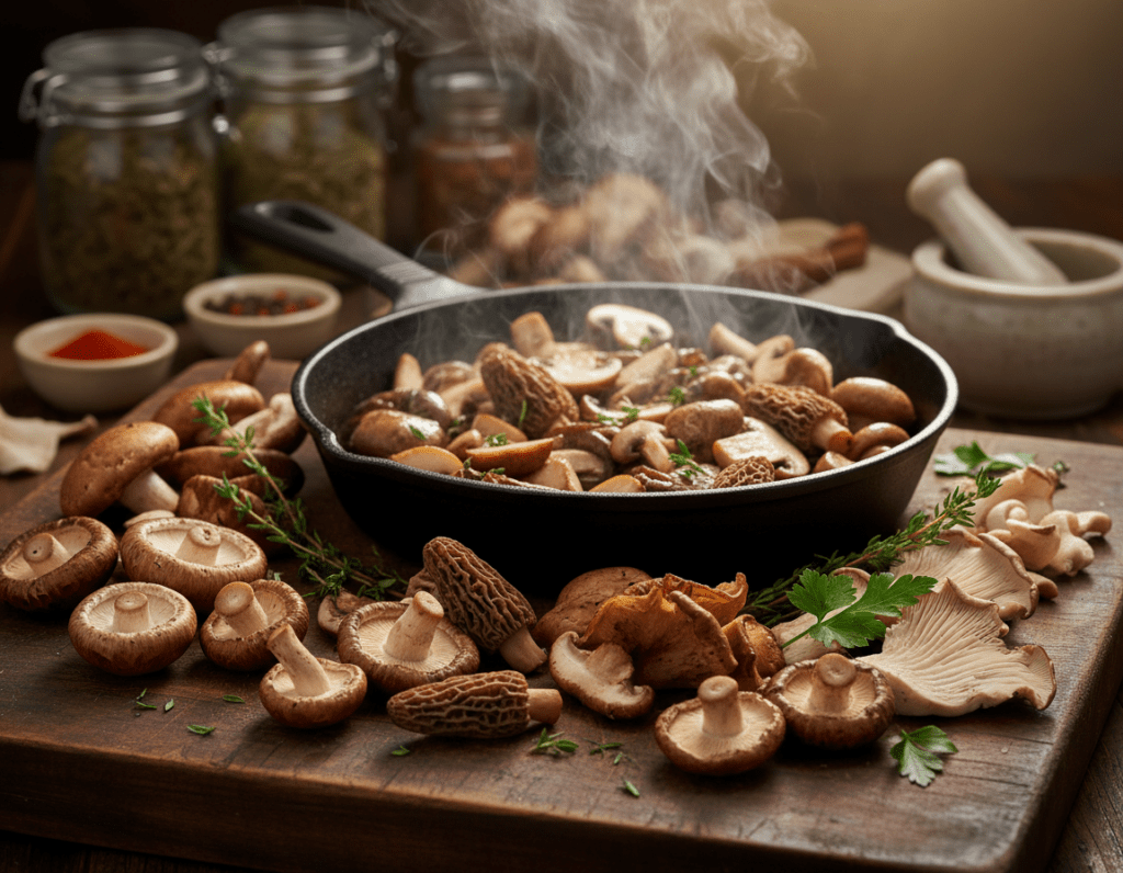 A beautifully arranged display of various mushroom species suitable for a ragout, including cremini, shiitake, morel, and oyster mushrooms. The foreground features a rustic wooden cutting board with freshly cut mushrooms, showcasing their intricate textures and colors. In the middle, a softly glowing skillet holds sautéed mushrooms, steam rising delicately, evoking warmth and richness. The background includes a blurred kitchen setting with herbs and spices, hinting at a home-cooked atmosphere. The lighting is warm and inviting, casting gentle shadows that enhance the earthy tones of the mushrooms. Capture this scene from a slightly elevated angle, focusing on the abundance and variety of mushrooms, creating an atmosphere of culinary inspiration and comfort.