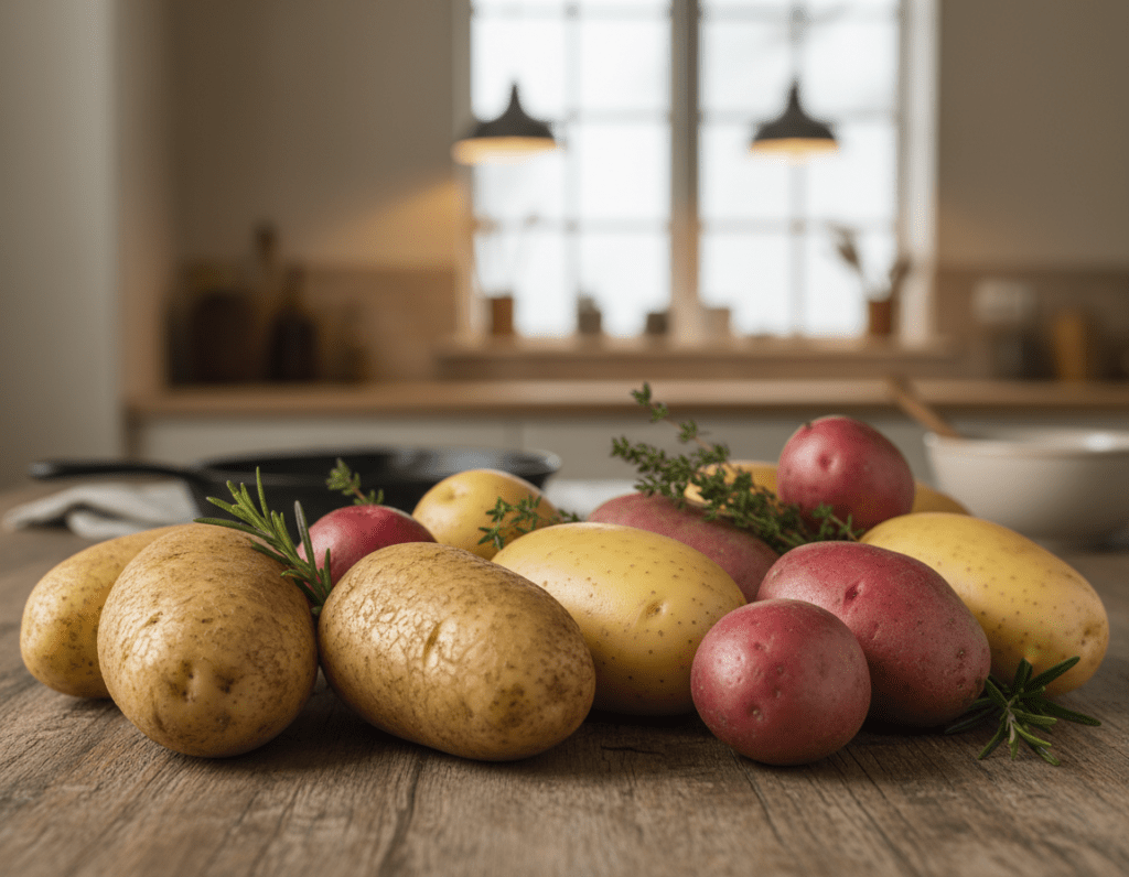 A beautifully arranged display of various potato varieties ideal for baking, positioned on a rustic wooden table. In the foreground, showcase a selection of different types of potatoes such as Russet, Yukon Gold, and Red potatoes, emphasizing their distinct textures and colors. In the middle ground, include hints of fresh herbs like rosemary and thyme, lightly scattered around the potatoes. The background features a softly blurred kitchen setting with warm, cozy lighting, enhancing the inviting atmosphere. Use a shallow depth of field to keep the focus on the potatoes while giving a sense of context with the kitchen ambiance. The mood should be inviting and warm, perfect for cooking enthusiasts looking to prepare crispy baked potatoes. A beautifully arranged display of various potato varieties ideal for baking, positioned on a rustic wooden table. In the foreground, showcase a selection of different types of potatoes such as Russet, Yukon Gold, and Red potatoes, emphasizing their distinct textures and colors. In the middle ground, include hints of fresh herbs like rosemary and thyme, lightly scattered around the potatoes. The background features a softly blurred kitchen setting with warm, cozy lighting, enhancing the inviting atmosphere. Use a shallow depth of field to keep the focus on the potatoes while giving a sense of context with the kitchen ambiance. The mood should be inviting and warm, perfect for cooking enthusiasts looking to prepare crispy baked potatoes.