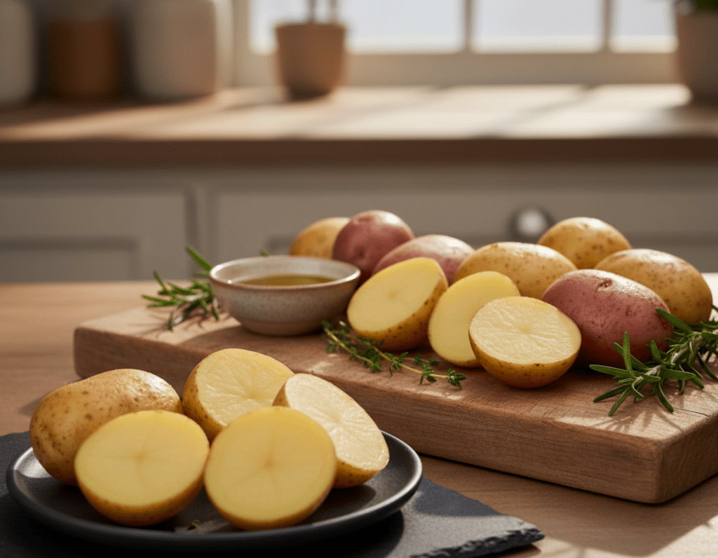 A beautifully arranged display of various potato varieties suitable for smashed potatoes, featuring Yukon Gold, Russet, and Red potatoes. In the foreground, the potatoes are cut in half, showcasing their creamy interiors. In the middle, a rustic wooden board displays these potatoes next to a small bowl of olive oil and fresh herbs like rosemary and thyme. The background features a softly blurred kitchen countertop, with natural sunlight streaming in through a window, creating a warm and inviting atmosphere. The image captures the textures of the potatoes and the vibrant greens of the herbs, emphasizing the freshness and quality necessary for perfect smashed potatoes. Shot with a shallow depth of field to highlight the foreground details while maintaining a cozy, homely mood.
