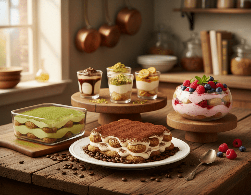 A beautifully arranged display of various tiramisu variations, showcasing layers of coffee-soaked ladyfingers and rich mascarpone cream. In the foreground, a traditional classic tiramisu sits elegantly on a white porcelain plate, dusted with cocoa powder and garnished with coffee beans. Beside it, a matcha tiramisu layers bright green matcha-infused cream, and a berry tiramisu featuring vibrant red raspberries. The middle ground includes small glass cups holding mini tiramisu desserts, each with distinct toppings, all set on a rustic wooden table. The background features a softly blurred kitchen setting with warm, natural lighting pouring in from a window, creating a cozy and inviting atmosphere. The scene conveys indulgence and creativity, inviting the viewer to explore the variations of this beloved dessert.