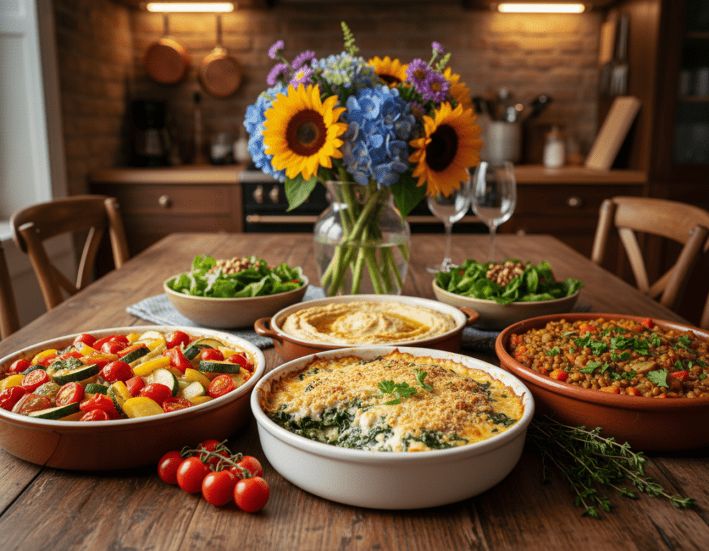 A beautifully arranged display of various vegetarian casseroles on a stylish wooden dining table. The foreground features three distinct casseroles: a colorful ratatouille filled with zucchini, bell peppers, and tomatoes; a creamy spinach and ricotta bake topped with golden breadcrumbs; and a hearty lentil and vegetable casserole garnished with fresh herbs. In the middle, a vase of vibrant flowers adds a pop of color, while small bowls of salad and dips complement the spread. The background showcases a warm, inviting kitchen atmosphere with soft indirect lighting, giving a cozy feel. Use a shallow depth of field to emphasize the casseroles with a slight blur on the kitchen elements behind, creating a sense of warmth and homeliness, perfect for a party setting.