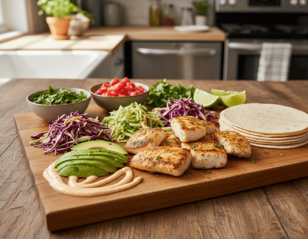 A beautifully arranged fish taco preparation scene, showcasing fresh ingredients in the foreground. Display vibrant, grilled pieces of seasoned white fish complemented by slices of avocado, shredded cabbage, and a drizzle of tangy sauce. In the middle ground, an array of colorful toppings such as diced tomatoes, cilantro, and lime wedges adds a burst of color. The background features a rustic wooden table with a blurred, sunlit kitchen setting, enhancing the warm, inviting atmosphere. The lighting is soft and natural, casting gentle shadows to create depth. Capture this scene from a top-down angle, emphasizing the vibrant textures and colors of the ingredients while conveying a sense of freshness and culinary delight.