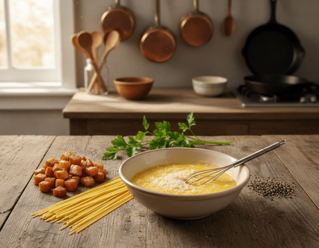 A beautifully arranged flat lay of Carbonara ingredients on a rustic wooden countertop. In the foreground, place a bowl of creamy egg mixture with grated Pecorino Romano cheese, surrounded by fresh, uncooked spaghetti. Include small piles of crispy guanciale and black peppercorns to the sides. In the middle ground, display a few sprigs of fresh parsley for color and freshness. The background should feature a softly blurred kitchen setting with vintage utensils and a warm, inviting light filtering through a nearby window, creating a cozy atmosphere. Use a warm color palette to evoke an inviting, home-cooked feel, emphasizing the ingredients' textures and colors.