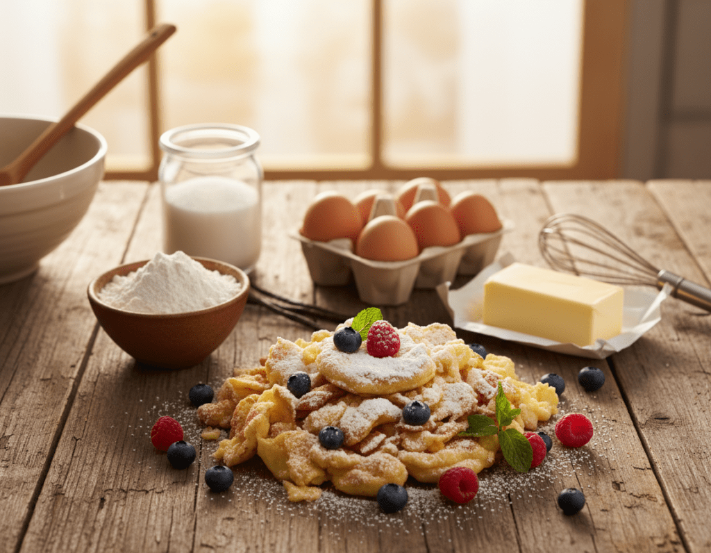 A beautifully arranged flat lay of Kaiserschmarrn ingredients on a rustic wooden table. In the foreground, showcase fluffy shredded Kaiserschmarrn pieces dusted with powdered sugar, garnished with fresh fruit like raspberries and blueberries. In the middle, prominently display essential ingredients: neatly stacked flour, a carton of eggs, a jar of sugar, and a stick of butter, with a few vanilla pods for added aroma. In the background, soft, natural light filters through a nearby window, casting gentle highlights on the ingredients, creating a warm, inviting atmosphere. Add a hint of a wooden spoon and a mixing bowl partially visible, enhancing the culinary theme. The overall mood should evoke a sense of comfort and deliciousness, perfect for a cozy kitchen setting. A beautifully arranged flat lay of Kaiserschmarrn ingredients on a rustic wooden table. In the foreground, showcase fluffy shredded Kaiserschmarrn pieces dusted with powdered sugar, garnished with fresh fruit like raspberries and blueberries. In the middle, prominently display essential ingredients: neatly stacked flour, a carton of eggs, a jar of sugar, and a stick of butter, with a few vanilla pods for added aroma. In the background, soft, natural light filters through a nearby window, casting gentle highlights on the ingredients, creating a warm, inviting atmosphere. Add a hint of a wooden spoon and a mixing bowl partially visible, enhancing the culinary theme. The overall mood should evoke a sense of comfort and deliciousness, perfect for a cozy kitchen setting.