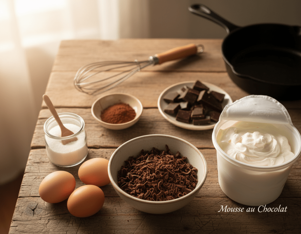 A beautifully arranged flat lay of "Mousse au Chocolat" ingredients on a rustic wooden table. In the foreground, showcase a bowl of rich, dark chocolate shavings, surrounded by fresh eggs, sugar in a small glass jar, and a tub of fluffy whipped cream. In the middle ground, slightly blurred, include a small dish of cocoa powder and finely chopped chocolate. In the background, soft focus on a vintage whisk and a cast iron pan, hinting at a cozy kitchen atmosphere. Warm, natural light filters through a nearby window, creating soft shadows and a playful glow. The overall mood is inviting and appetizing, perfect for showcasing the essential ingredients for a classic mousse.