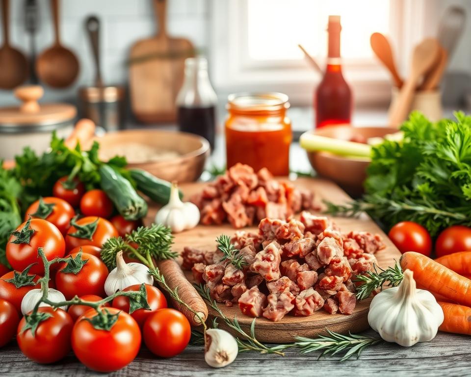 A beautifully arranged flat lay of authentic Italian ragout ingredients, showcasing fresh produce and spices. In the foreground, vibrant tomatoes, rich carrots, and lush celery are artfully displayed alongside aromatic garlic and sprigs of fresh thyme and rosemary. In the middle, a rustic wooden cutting board holds diced meat, while a glass jar of homemade tomato sauce and a bowl of deep-red wine add depth to the composition. In the background, a softly blurred kitchen setting with vintage utensils and a gently glowing window creates a warm, inviting atmosphere. The lighting is soft and natural, emulating late afternoon sunlight that highlights the textures of the ingredients. This image should convey the essence of traditional cooking, emphasizing the fresh and wholesome nature of the ingredients used in authentic ragout.