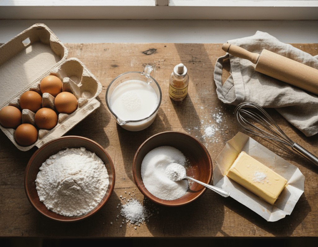 A beautifully arranged flat lay of essential baking ingredients for perfect pastries. In the foreground, a wooden table is adorned with bowls filled with flour, sugar, baking powder, and salt. To the sides, there are eggs in a rustic carton and a stick of butter, partially unwrapped, adding a touch of warmth. The middle ground features a measuring cup with milk and a small bottle of vanilla extract, both ready for use. In the background, soft, natural light filters through a nearby window, creating a cozy, inviting atmosphere that emphasizes the textures and colors of the ingredients. The scene evokes a sense of home baking, with a sense of anticipation for delicious treats to come, captured from a slightly overhead angle to provide a complete view of the vibrant array.