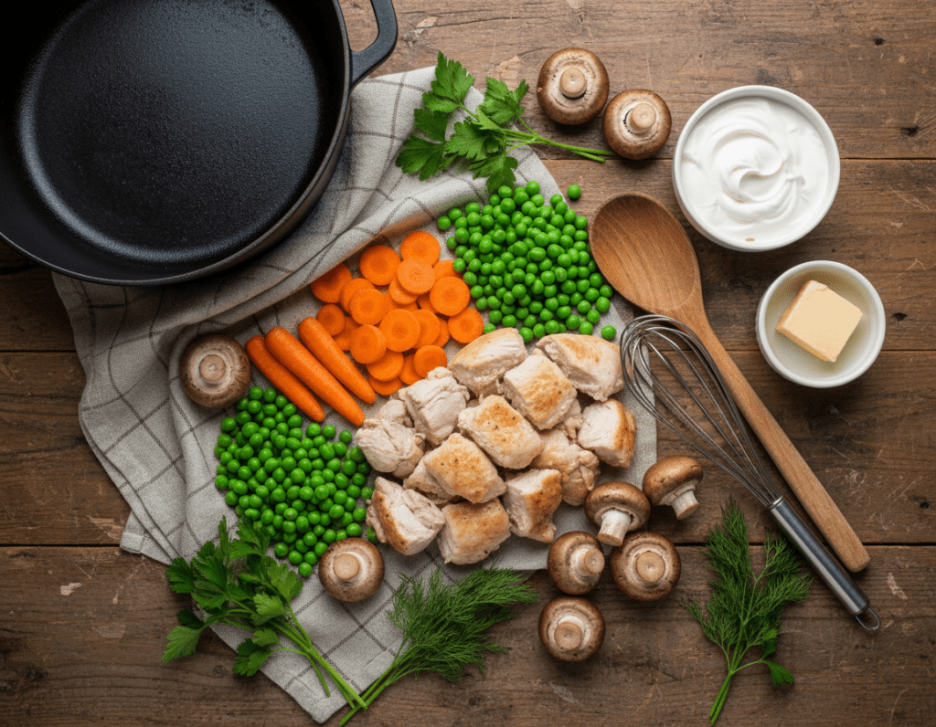 A beautifully arranged flat lay of essential ingredients for a traditional Frikassee, showcasing a variety of colorful vegetables such as carrots, peas, and mushrooms. Include tender pieces of chicken, fresh herbs like parsley, and creamy elements like a bowl of heavy cream. Surround the main ingredients with utensils like a wooden spoon and a pot for cooking, creating a homely kitchen atmosphere. Soft natural lighting filters in from the side, highlighting the textures and colors of the ingredients. The background features a rustic wooden table that adds warmth and authenticity to the scene. Ensure the layout is clean and inviting, evoking a sense of comfort and delicious possibilities in culinary creation, without any text or overlays.