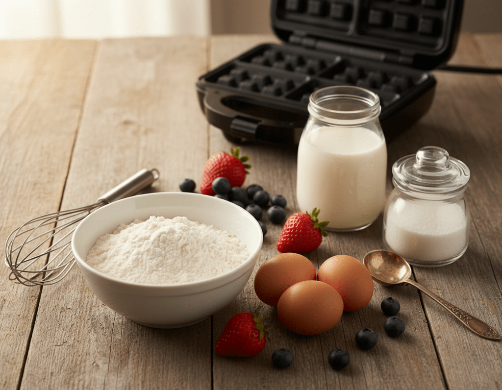A beautifully arranged flat lay of essential ingredients for fluffy waffles on a rustic wooden table. In the foreground, there's a bowl of flour, a whisk, and some eggs, surrounded by a few fresh strawberries and blueberries for color. The middle showcases milk in a glass jar and a small container of sugar, elegantly placed with a vintage measuring spoon beside them. In the background, a soft-focus image of a waffle maker can be seen, hinting at a cozy kitchen environment. Warm, natural light streams in from a nearby window, creating a homely, inviting atmosphere. The overall mood is fresh and appetizing, emphasizing the key components needed for perfect waffles.
