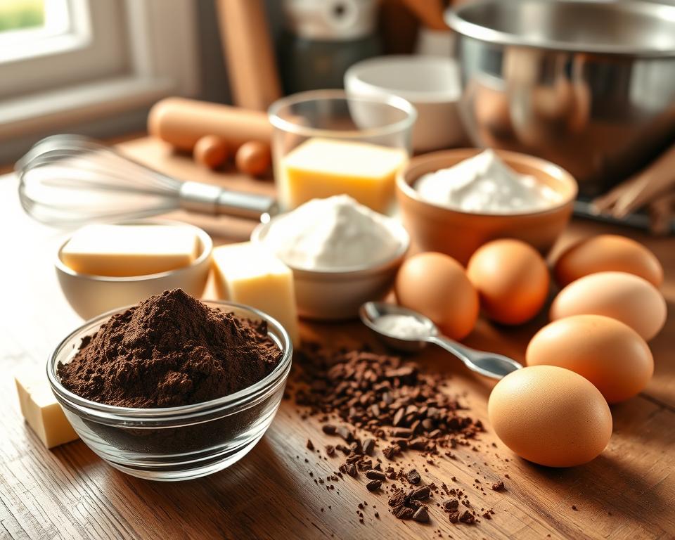 A beautifully arranged flat lay of fresh ingredients for a Swedish chocolate cake (Kladdkaka). In the foreground, showcase a bowl of rich, dark cocoa powder, a stick of butter, and a few eggs, all on a wooden table. In the middle, place a measuring cup filled with granulated sugar, a spoon of flour, and a hint of vanilla extract, elegantly displayed. The background should feature soft-focus baking utensils, like a whisk and mixing bowls, with a warm kitchen ambiance. Natural light streams in from a nearby window, illuminating the ingredients and creating a cozy, inviting atmosphere. The mood is warm and deliciously inviting, hinting at the joy of home baking.