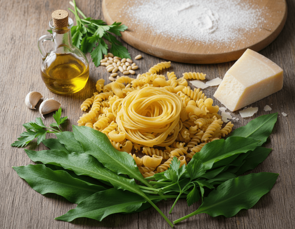 A beautifully arranged flat lay of fresh ingredients for wild garlic pasta. In the foreground, vibrant green leaves of Bärlauch, scattered alongside sprigs of parsley. In the middle, a mound of golden pasta, twirls and twists accentuating its texture, surrounded by a handful of pine nuts and a wedge of freshly grated Parmesan cheese. In the background, a wooden cutting board lightly dusted with flour, evoking a rustic cooking atmosphere. Soft, natural lighting highlights the freshness of the ingredients, casting gentle shadows. The mood is inviting and warm, perfect for a cozy culinary experience. Add a hint of fresh garlic cloves and a small bottle of olive oil to complete the composition.