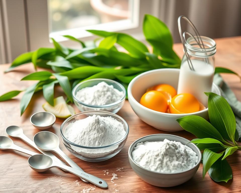 A beautifully arranged flat lay of ingredients for pandan cake, featuring vibrant green pandan leaves, a bowl of flour, sugar, eggs, coconut milk, and baking powder. The foreground showcases neatly placed measuring spoons and a whisk, while the middle layer highlights the colorful ingredients on a wooden table. In the background, soft natural light filters through a window, casting gentle shadows for depth. The atmosphere is fresh and inviting, reflecting the tropical essence of pandan. The scene is shot from a slightly elevated angle to capture the texture and colors of each ingredient effectively, creating an appetizing and inspiring mood for baking enthusiasts. A beautifully arranged flat lay of ingredients for pandan cake, featuring vibrant green pandan leaves, a bowl of flour, sugar, eggs, coconut milk, and baking powder. The foreground showcases neatly placed measuring spoons and a whisk, while the middle layer highlights the colorful ingredients on a wooden table. In the background, soft natural light filters through a window, casting gentle shadows for depth. The atmosphere is fresh and inviting, reflecting the tropical essence of pandan. The scene is shot from a slightly elevated angle to capture the texture and colors of each ingredient effectively, creating an appetizing and inspiring mood for baking enthusiasts.