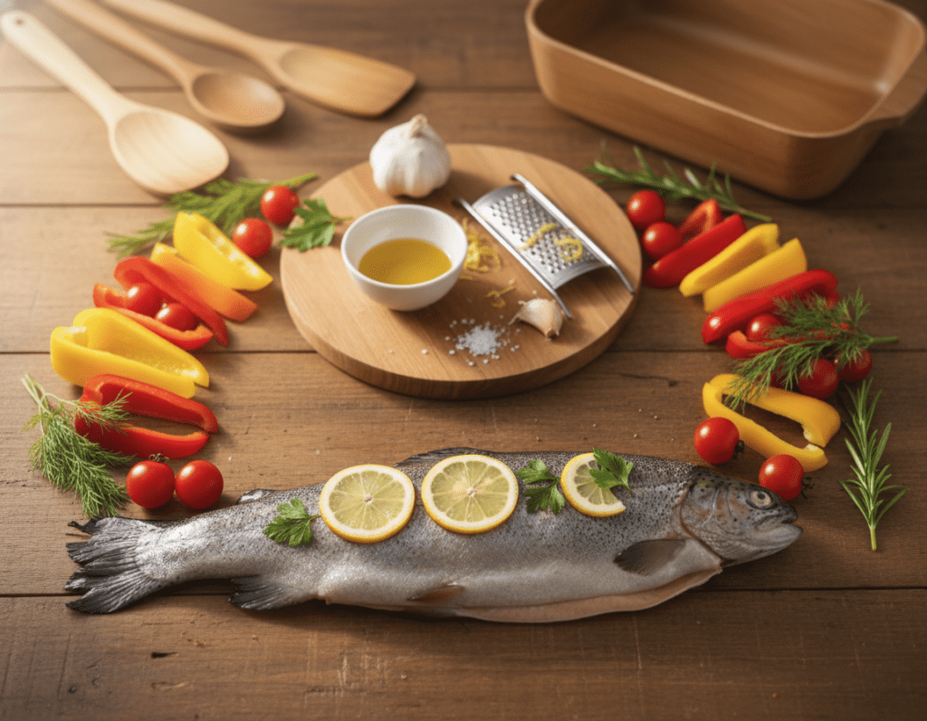 A beautifully arranged flat lay of ingredients for preparing oven-baked trout. In the foreground, showcase fresh trout, garnished with slices of lemon and sprigs of parsley. Surround the fish with colorful vegetables, such as sliced bell peppers, cherry tomatoes, and aromatic herbs like dill and rosemary. In the middle, include a cutting board with a small bowl of olive oil and a sprinkle of sea salt, along with a lemon zester and a garlic clove, emphasizing freshness and preparation. In the background, softly blurred kitchen utensils and a wooden baking dish suggest a cozy cooking atmosphere. Use natural lighting to create a warm, inviting mood, and capture the scene with a soft focus lens to evoke a homely feel. A beautifully arranged flat lay of ingredients for preparing oven-baked trout. In the foreground, showcase fresh trout, garnished with slices of lemon and sprigs of parsley. Surround the fish with colorful vegetables, such as sliced bell peppers, cherry tomatoes, and aromatic herbs like dill and rosemary. In the middle, include a cutting board with a small bowl of olive oil and a sprinkle of sea salt, along with a lemon zester and a garlic clove, emphasizing freshness and preparation. In the background, softly blurred kitchen utensils and a wooden baking dish suggest a cozy cooking atmosphere. Use natural lighting to create a warm, inviting mood, and capture the scene with a soft focus lens to evoke a homely feel.