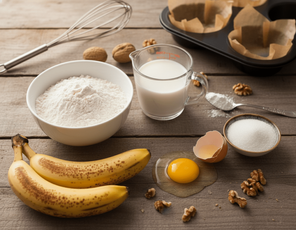 A beautifully arranged flat lay of the essential ingredients for banana muffins on a rustic wooden table. In the foreground, include ripe bananas with visible speckles, a bowl of flour, a small dish of sugar, and a cracked egg. In the middle, add a measuring cup with milk and a spoonful of baking powder, surrounded by scattered walnuts. In the background, softly blurred, a vintage whisk and a parchment-lined muffin tray can be faintly seen, suggesting the process of baking. Soft, warm natural light filters in, creating a cozy and inviting atmosphere, enhancing the textures of the ingredients. The scene should evoke a sense of comfort, simplicity, and the joy of home baking.