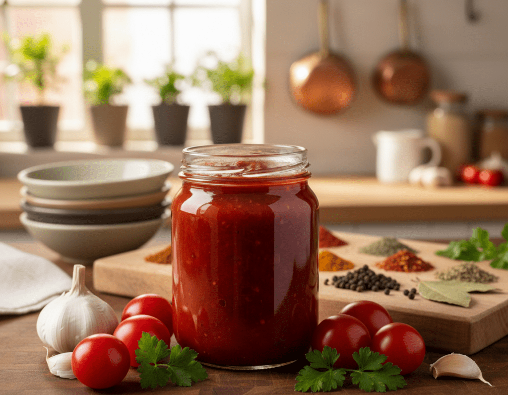 A beautifully arranged jar of homemade Schaschlik sauce, vibrant red and glistening, placed in the foreground. Surround the jar with fresh ingredients like juicy tomatoes, garlic cloves, and sprigs of parsley, creating a colorful, inviting still life. The middle ground features a rustic wooden cutting board with a layering of herbs and spices used in the sauce, like smoked paprika and chili flakes. In the softly blurred background, there is a cozy kitchen setting with warm, ambient lighting that gives the scene a welcoming atmosphere. Use a shallow depth of field to create a focus on the jar while keeping the background elements subtly visible. The overall mood is warm and homey, evoking feelings of comfort and culinary creativity. A beautifully arranged jar of homemade Schaschlik sauce, vibrant red and glistening, placed in the foreground. Surround the jar with fresh ingredients like juicy tomatoes, garlic cloves, and sprigs of parsley, creating a colorful, inviting still life. The middle ground features a rustic wooden cutting board with a layering of herbs and spices used in the sauce, like smoked paprika and chili flakes. In the softly blurred background, there is a cozy kitchen setting with warm, ambient lighting that gives the scene a welcoming atmosphere. Use a shallow depth of field to create a focus on the jar while keeping the background elements subtly visible. The overall mood is warm and homey, evoking feelings of comfort and culinary creativity.