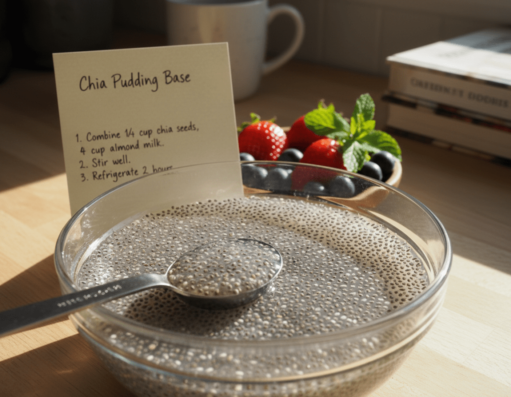 A beautifully arranged kitchen counter featuring a clear glass bowl filled with hydrated chia seeds, showcasing their gelatinous texture. In the foreground, a measuring spoon is poised to scoop the seeds, while a recipe card lies slightly behind, detailing the preparation steps. In the background, soft, natural light filters through a nearby window, illuminating fresh fruits such as berries and a sprig of mint, hinting at potential chia recipes. The scene has a warm, inviting atmosphere, suggesting a cozy and healthy cooking environment. The camera angle is slightly elevated, capturing the vibrant colors of the ingredients while focusing on the chia seeds' unique appearance.