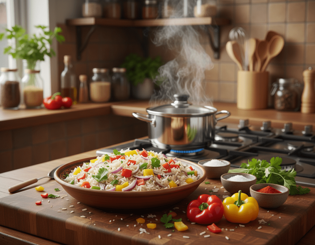 A beautifully arranged kitchen counter featuring a wooden cutting board with fresh ingredients for traditional rice filling. In the foreground, a close-up of a bowl filled with cooked rice, chopped onions, and finely diced peppers, all glistening under soft natural light. In the middle ground, a pot simmering on the stove, releasing a gentle steam, surrounded by spices like salt, pepper, and paprika. The background showcases shelves filled with cooking utensils and jars, creating a cozy, inviting atmosphere. The overall mood is warm and homely, emphasizing the preparation of a classic dish. The lighting is soft and diffused, creating subtle highlights that enhance the textures of the ingredients. No human subjects are included; the focus is entirely on the cooking process and the ingredients.