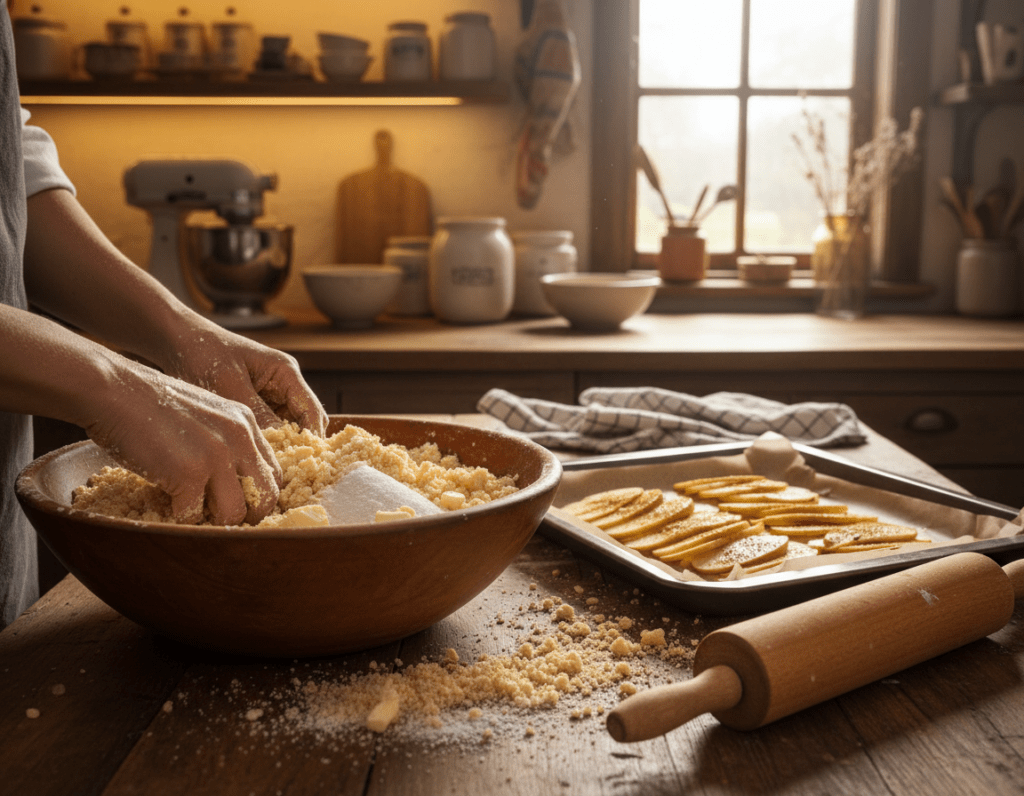 A beautifully arranged kitchen counter featuring the process of making streusel. In the foreground, a wooden bowl filled with flour, sugar, and butter is being mixed by a pair of hands, with streusel crumbs spilling over the edge. In the middle, a rolling pin and a prepared baking tray with fresh apples await the streusel topping. The background showcases a rustic kitchen with warm, inviting lighting that highlights the natural textures of wooden surfaces and ceramic utensils. A window allows soft natural light to filter in, casting gentle shadows and creating a cozy atmosphere. The overall mood is homely and comforting, evoking the joy of baking like a professional baker. A beautifully arranged kitchen counter featuring the process of making streusel. In the foreground, a wooden bowl filled with flour, sugar, and butter is being mixed by a pair of hands, with streusel crumbs spilling over the edge. In the middle, a rolling pin and a prepared baking tray with fresh apples await the streusel topping. The background showcases a rustic kitchen with warm, inviting lighting that highlights the natural textures of wooden surfaces and ceramic utensils. A window allows soft natural light to filter in, casting gentle shadows and creating a cozy atmosphere. The overall mood is homely and comforting, evoking the joy of baking like a professional baker.