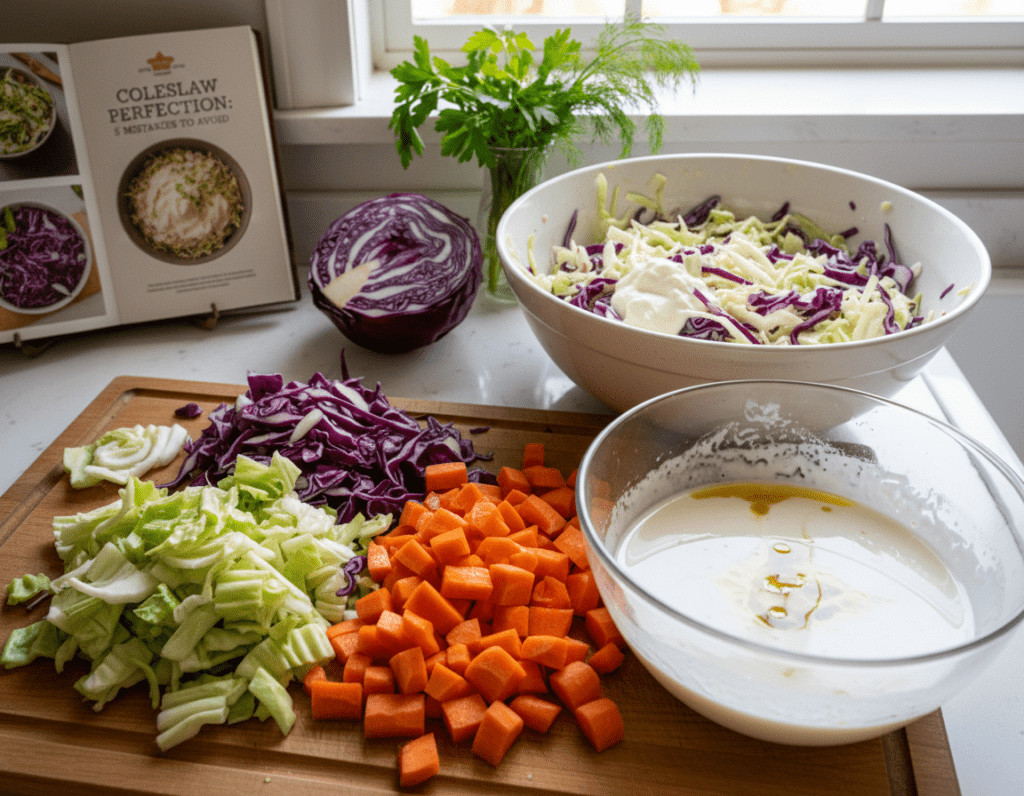 A beautifully arranged kitchen counter featuring various ingredients for coleslaw preparation, with a focus on common preparation errors. In the foreground, display a cutting board with unevenly shredded cabbage, incorrectly chopped carrots, and a bowl of overly watery dressing, illustrating mistakes. In the middle ground, include a large mixing bowl filled with an unappealing, lumpy coleslaw mix, hinting at a lack of proper mixing techniques. The background should show a tidy kitchen with natural light streaming in, highlighting fresh ingredients like herbs and a recipe book open to coleslaw tips. The atmosphere is informative and slightly humorous, emphasizing the importance of proper preparation methods. Use soft lighting to create a warm, inviting ambiance and a slightly angled top-down view for clarity. A beautifully arranged kitchen counter featuring various ingredients for coleslaw preparation, with a focus on common preparation errors. In the foreground, display a cutting board with unevenly shredded cabbage, incorrectly chopped carrots, and a bowl of overly watery dressing, illustrating mistakes. In the middle ground, include a large mixing bowl filled with an unappealing, lumpy coleslaw mix, hinting at a lack of proper mixing techniques. The background should show a tidy kitchen with natural light streaming in, highlighting fresh ingredients like herbs and a recipe book open to coleslaw tips. The atmosphere is informative and slightly humorous, emphasizing the importance of proper preparation methods. Use soft lighting to create a warm, inviting ambiance and a slightly angled top-down view for clarity.