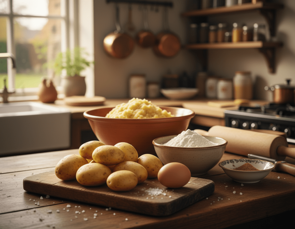 A beautifully arranged kitchen counter showcasing the ingredients for homemade Kartoffelknödel. In the foreground, a wooden cutting board is adorned with peeled potatoes, a bowl of flour, an egg, and a sprinkle of salt, all brightly lit to emphasize their fresh colors. In the middle ground, a mixing bowl filled with potato dough sits alongside a rolling pin and a small dish of nutmeg. The background features a softly blurred kitchen interior with warm, natural lighting filtering through a window, creating a cozy and inviting atmosphere. The image should evoke a sense of home cooking, with a focus on the simplicity and warmth of preparing traditional German dumplings. The angle is slightly above eye level, providing a clear view of the ingredients and the workflow in a home kitchen. A beautifully arranged kitchen counter showcasing the ingredients for homemade Kartoffelknödel. In the foreground, a wooden cutting board is adorned with peeled potatoes, a bowl of flour, an egg, and a sprinkle of salt, all brightly lit to emphasize their fresh colors. In the middle ground, a mixing bowl filled with potato dough sits alongside a rolling pin and a small dish of nutmeg. The background features a softly blurred kitchen interior with warm, natural lighting filtering through a window, creating a cozy and inviting atmosphere. The image should evoke a sense of home cooking, with a focus on the simplicity and warmth of preparing traditional German dumplings. The angle is slightly above eye level, providing a clear view of the ingredients and the workflow in a home kitchen.