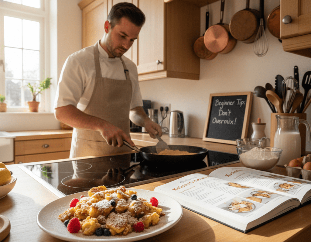 A beautifully arranged kitchen counter showcasing the process of making Kaiserschmarrn, with a focus on beginner tips. In the foreground, a plate of fluffy, golden-brown Kaiserschmarrn, generously sprinkled with powdered sugar, surrounded by a few fresh berries. In the middle background, a skilled cook, wearing a clean, modest apron and professional attire, is flipping the pancake in a non-stick skillet, with a look of concentration. The kitchen is warmly lit with natural light pouring in from a window, illuminating the wooden cabinetry and various utensils. Soft, inviting atmosphere captures the joy of cooking, with details like a measuring cup, ingredients laid out, and a cookbook open to a Kaiserschmarrn recipe. A beautifully arranged kitchen counter showcasing the process of making Kaiserschmarrn, with a focus on beginner tips. In the foreground, a plate of fluffy, golden-brown Kaiserschmarrn, generously sprinkled with powdered sugar, surrounded by a few fresh berries. In the middle background, a skilled cook, wearing a clean, modest apron and professional attire, is flipping the pancake in a non-stick skillet, with a look of concentration. The kitchen is warmly lit with natural light pouring in from a window, illuminating the wooden cabinetry and various utensils. Soft, inviting atmosphere captures the joy of cooking, with details like a measuring cup, ingredients laid out, and a cookbook open to a Kaiserschmarrn recipe.