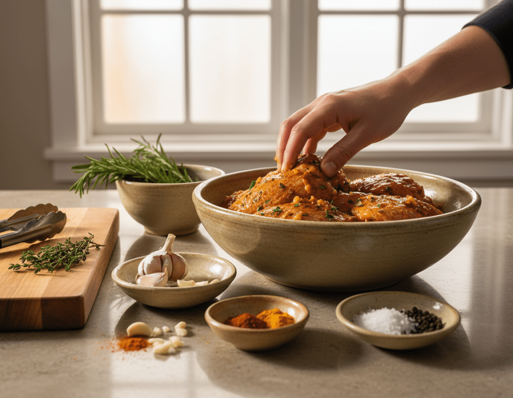 A beautifully arranged kitchen countertop features marinated chicken thighs as the focal point, surrounded by various ingredients like fresh herbs, garlic, and spices in bowls, emphasizing a vibrant culinary atmosphere. The background showcases a bright window allowing natural light to flood the scene, casting soft shadows. A wooden cutting board is partially visible, with a pair of tongs resting beside it. Capture the essence of marinating technique by showing a hand gently mixing the marinade with the chicken, illustrating an engaged, professional approach to cooking. Use a shallow depth of field to blur the background slightly, enhancing the focus on the marination process, while showcasing the richness of colors and textures in the food. The overall mood is warm, inviting, and encourages a sense of culinary creativity.
