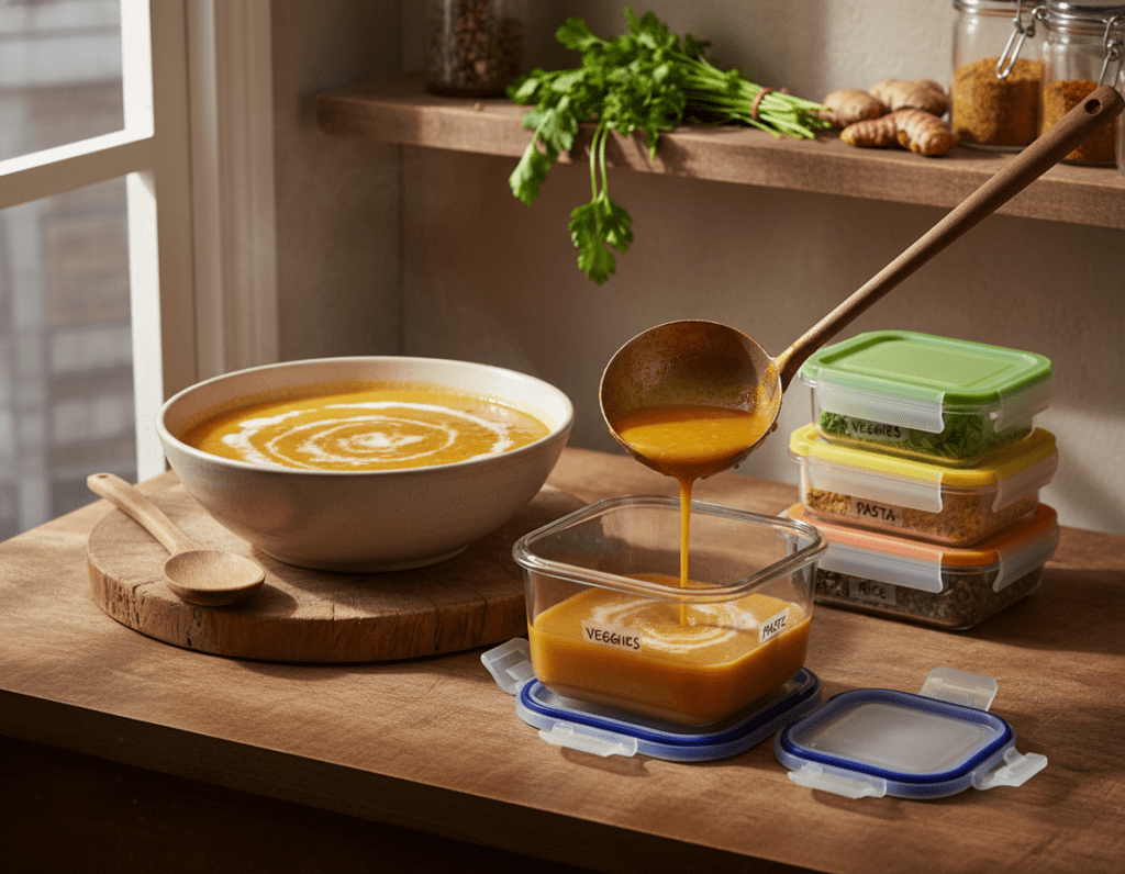 A beautifully arranged kitchen countertop featuring a bowl of vibrant red lentil soup made with coconut milk, showcasing its rich, creamy texture. In the foreground, a portion of the soup is carefully filled into an airtight container, indicating the preservation process. The middle ground displays a wooden spoon resting beside the bowl and a small stack of colorful food containers, each labeled for easy identification. In the background, a softly lit kitchen setting exudes warmth, with herbs and spices like ginger and turmeric artfully placed on rustic shelves. The scene captures a cozy and inviting atmosphere, enhanced by natural light filtering through a window, casting gentle shadows and creating a sense of homeliness. The image should convey the essence of storing and reheating soup without any additional text or distractions.