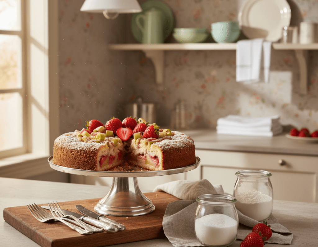 A beautifully arranged kitchen countertop featuring a freshly baked strawberry-rhubarb cake, with a slice cut out to reveal its vibrant layers. In the foreground, there's a charming wooden cutting board holding a silver cake stand and decorative utensils, emphasizing the cake's texture. The middle ground displays the cake adorned with fresh strawberries and rhubarb, surrounded by small, clear containers filled with sugar and flour, suggesting preparation for storage. The background includes soft pastel-colored kitchen decor, with warm ambient lighting creating a welcoming atmosphere, and sunlight gently filtering in through a window. The scene conveys a sense of homely warmth and the joy of baking, perfect for illustrating cake storage tips.